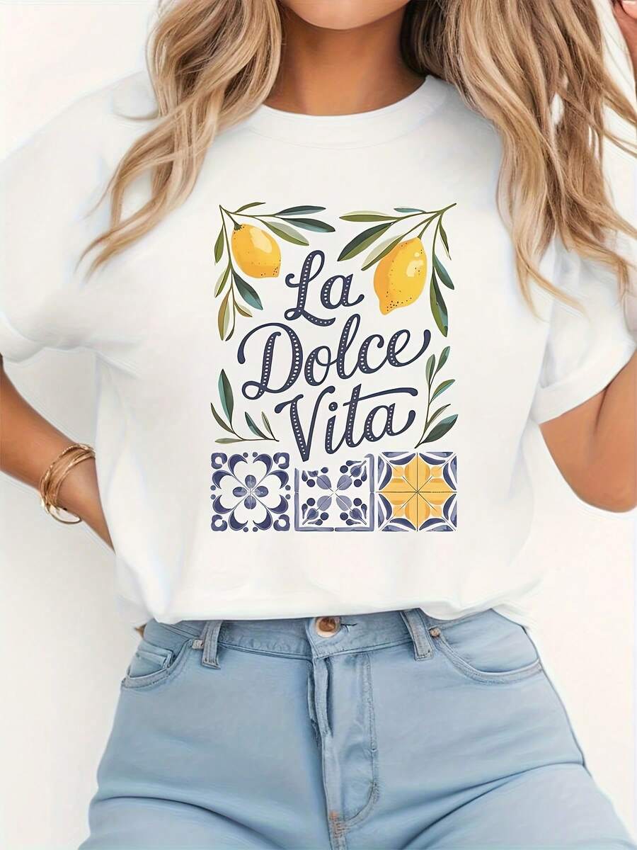 Camiseta de impresión de limón y hoja de la mujer La Dolce Vita - impresión "La vida dulce" inspir en Italia, cuello estirable suave de la tulación Top casual para lrimavera y el verano, lavable en máquina, camiseta de verano, estilo inspirado en Italia, material no transparente