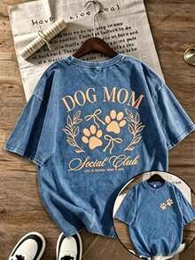 1pcs Women's Vintage Washed Soft Anime & Dog Mom Graphic T-Shirt,Paw Print & Social Lettering, Pet Lover Top-Back To School Shirt - 藍色 - 查看 15