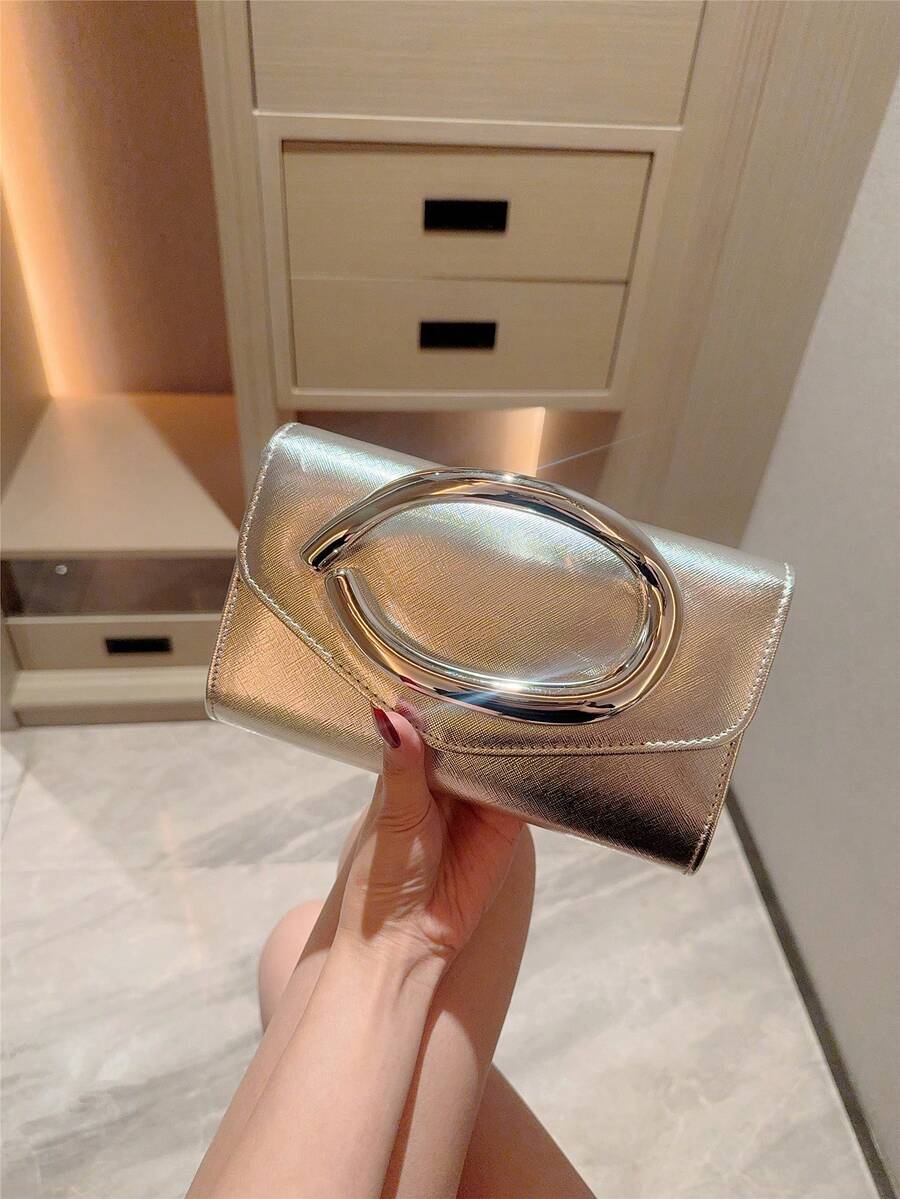 1件歐美時尚金屬裝飾迷你方盒手拿包，高端亮面金屬條女款手提包，優雅奢華晚宴包，適合正式禮服，PU皮革派對包/浪漫婚禮手拿包/舞會包/雞尾酒會包/校園舞會包，附金屬鏈條