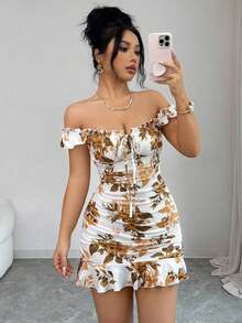 Vestido camisero con volantes en el bajo y hombros descubiertos, estilo vintage con estampado - Vestido entallado de línea A - Multicolor - Ver 5