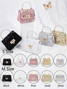 1 Peça Bolsa Elegante de Lantejoulas da Moda para Meninas, Bolsa de Ombro Transversal de Luxo Acolchoada, Bolsa Tote com Decoração de Pérola, Bolsa Série Pérola, Bolsa com Corrente, Bolsa Combinando Mãe e Filha, Carteira, Bolsa de Ombro com Alça Ajustável, Bolsa de Festa Dourada/Prateada, Adequada para Uso Diário, Festa, Viagem, Presente Ideal - 2184 lantejoulas - Visão 1