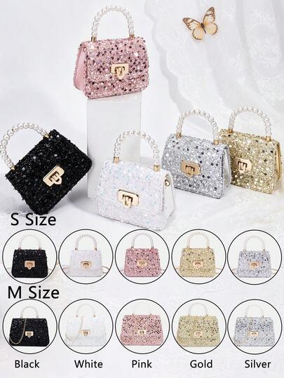 1pc Girls' New Fashionable Sequin Elegant Handbag, Quilted Luxury Shoulder Crossbody Bag, Pearl Decor Hardware Tote Pearl Series Bag, Chain Bag, Mother-Daughter Matching Bag, Wallet, Adjustable Strap Shoulder Bag, Gold/Silver Evening Bag, Suitable For Daily, Party, Travel, Ideal Gift