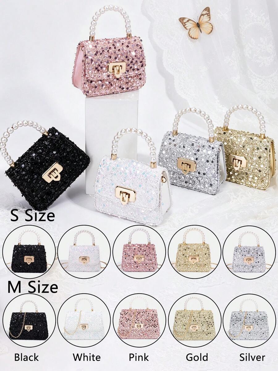 1 Peça Bolsa Elegante de Lantejoulas da Moda para Meninas, Bolsa de Ombro Transversal de Luxo Acolchoada, Bolsa Tote com Decoração de Pérola, Bolsa Série Pérola, Bolsa com Corrente, Bolsa Combinando Mãe e Filha, Carteira, Bolsa de Ombro com Alça Ajustável, Bolsa de Festa Dourada/Prateada, Adequada para Uso Diário, Festa, Viagem, Presente Ideal - 2184 lantejoulas - Visão 1