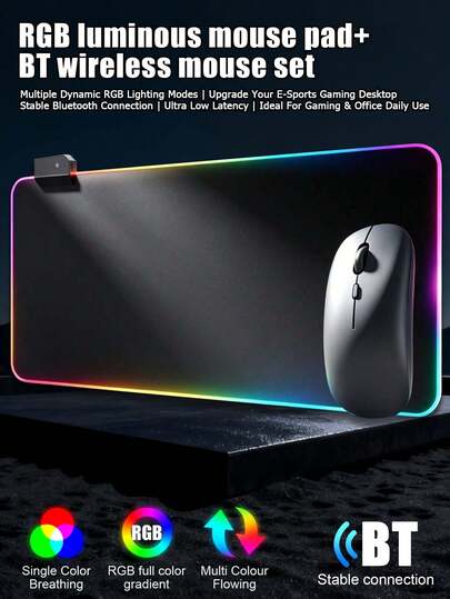 RGB Illuminated Extra Large Gaming Mouse Pad + Wireless Bluetooth Mouse Set, Multi-Dynamic Lighting Effects, Power-Off Memory, Waterproof Anti-Slip Locked Edge, 3-Gear DPI Adjustment, Silent Low Latency, Suitable For Home, Office, Gaming, Atmosphere Enhancing Desktop Accessories (Batteries Not Included)