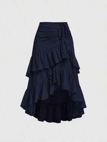 MOD Falda marrón para mujer con dobladillo alto-bajo, con cordón, volantes por capas, falda para fiesta, falda bohemia, falda para el almuerzo - Azul marino - Ver 1