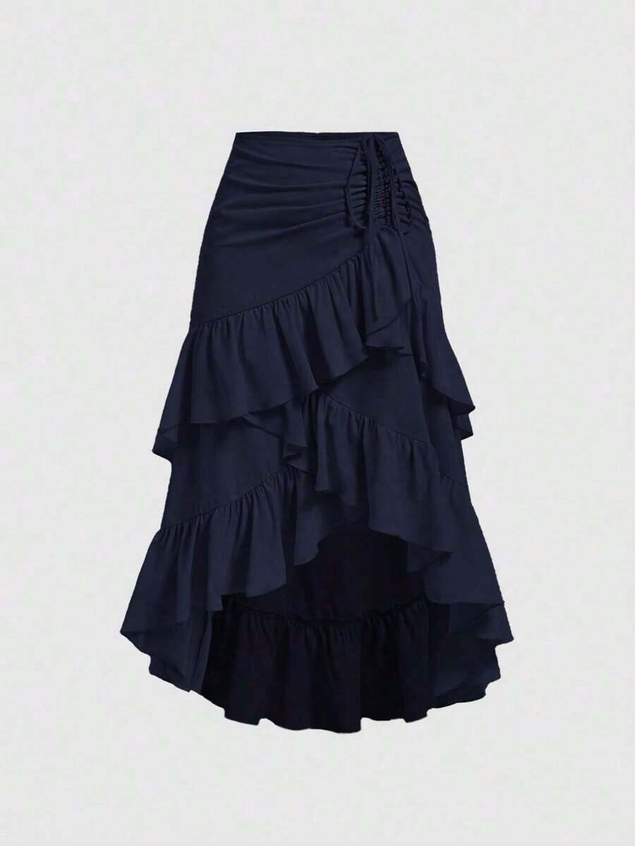MOD Falda marrón para mujer con dobladillo alto-bajo, con cordón, volantes por capas, falda para fiesta, falda bohemia, falda para el almuerzo - Azul marino - Ver 1