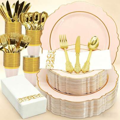 350-Piece Pink Gold Disposable Plastic Plates And Cutlery Set - Premium 9" Dinner Plates, 7" Cute Dessert Plates, 9oz Cups & Spoons Forks Knives Napkins Cutlery For Weddings Birthday Baby Bridal Shower, Catering Events - Dinnerware For 50 Guest Service - Elegant & Sturdy