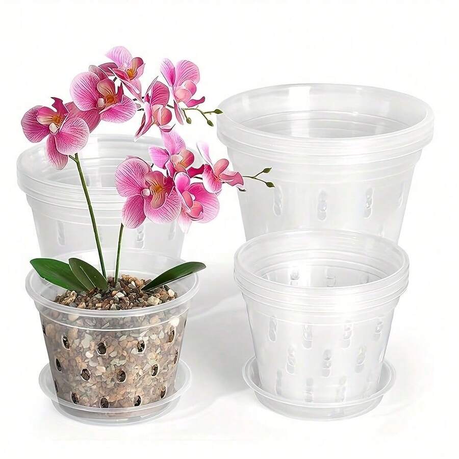 3个/6个装混合装高品质兰花种植盆,带托盘,经久耐用,透明带排水孔,有利于植物生长,适合初学者种植,室内外均可使用。 - 3/4/5吋混合款-附托盤 - 查看 1