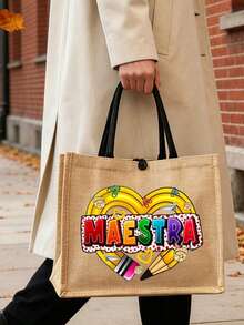 黄色亚麻“MAESTEA”图案手提包，纽扣装饰，简约大容量手提包，便携休闲收纳包，多功能购物袋，休闲基础款，独特定制设计，适合作为礼物送给她、家人、朋友、女朋友，周年纪念日、节日礼物，女士时尚包，小型化妆包，粉色发夹，护士节、教师节、毕业礼物 - 彩色 - 查看 6