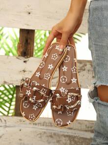Women's Floral Print Slide Sandals, Metal Buckle Decor Flat Slippers, Casual Open Toe Beach Vacation Sandals, Fashion D-Ring Flat Slides, Suitable For Indoor/Outdoor Wear, Summer Beach Embroidery Slippers - Brown - View 4