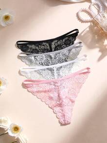 Aesletic 4pcs/Pack Plus Size Women Lace Patchwork Seamless Thong Panties - Multicolor - View 3