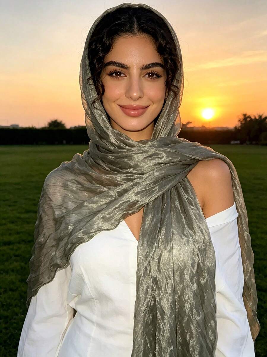 1pc Women's Elegant High-End Pleated Pearl Chiffon Scarf, Hijab Style Versatile Sunscreen Shawl Wrap,Holiday,Travel Essential - #15 Military Green - View 1