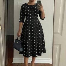 Lady Women's Polka Dot Round Neck Casual Waist Cinched Midi Party Dress Black Polka Dot Dress Polka Dot Midi Dress Polka Dot Dress Black Midi Dress Elegant Midi Dress - Pearl White - Ver 7