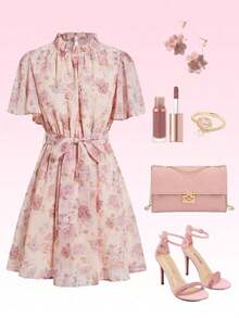 Vestido midi con cuello con volantes y estampado floral elegante para mujer, conjunto de vestidos de verano elegantes para mujer - Multicolor - Ver 5