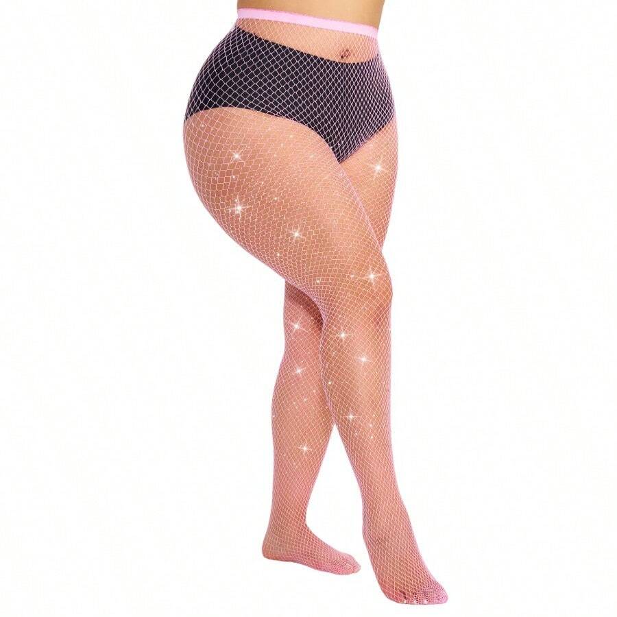 Plus Size Fishnet Tights Rhinestone Sparkly Mesh Stockings High Waist Glitter Pantyhose Shinny Hosiery Medium Mesh - 粉色 - 查看 1