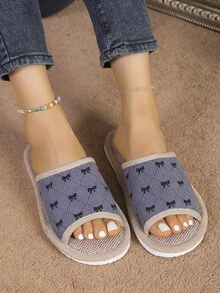 Classic Bow Linen Slippers, Unisex Anti-Slip Soft Bottom Indoor House Slippers, Suitable For All Seasons - Grey - View 1