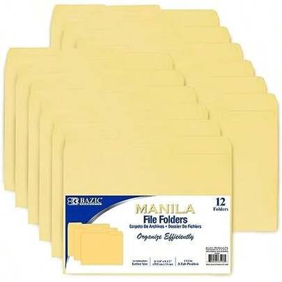 BAZIC Products Manila File Folders, 1/3-Cut Letter Size With Left, Right, And Center Tab Positions, Ideal For Organizing And Filing Documents, 12/Pack, 1-Pack