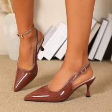 Giày sandal cao gót hở mũi 7cm cho nữ, màu đen, mũi nhọn, gót thấp, quai thun, kiểu dáng cổ tích. - màu nâu - Xem 16