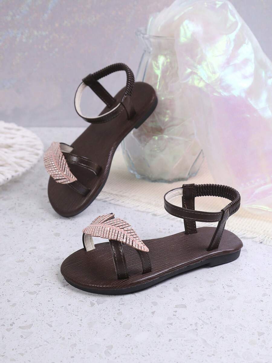 Girls' Fashion Sandals, New Summer Design With Rhinestones, Elastic Slip-On, Minimalist Outdoor & Party Flat Sandals - Brown - View 1