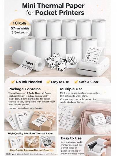 10 Rolls Mini Thermal Paper, Self-Adhesive & Non-Adhesive Available, Ink-Free Printing Paper For Instant Cameras & Portable Photo Printers, White Smooth Paper For Home Photo Collection, Memo Notes, Study Research, Diary Journal, Picture Printing & Label Marking