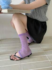 1 par de calcetines de verano para mujer, de moda versátil, ligeros, transpirables y brillantes, de media pierna, de pila delgada, de colores brillantes, estilo minimalista de rayas verticales para el verano - Multicolor - Ver 8