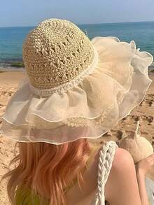 1pc Plus Size Women's Wide Brim Straw Hat, Elegant Bow Decor, Summer Beach Style Sun Hat, Made Of Breathable Woven Material, Wide Brim Fully Shields Face & Neck From UV, Foldable Portable Design Convenient For Travel, Ideal For Beach Vacation - Multicolor - View 7
