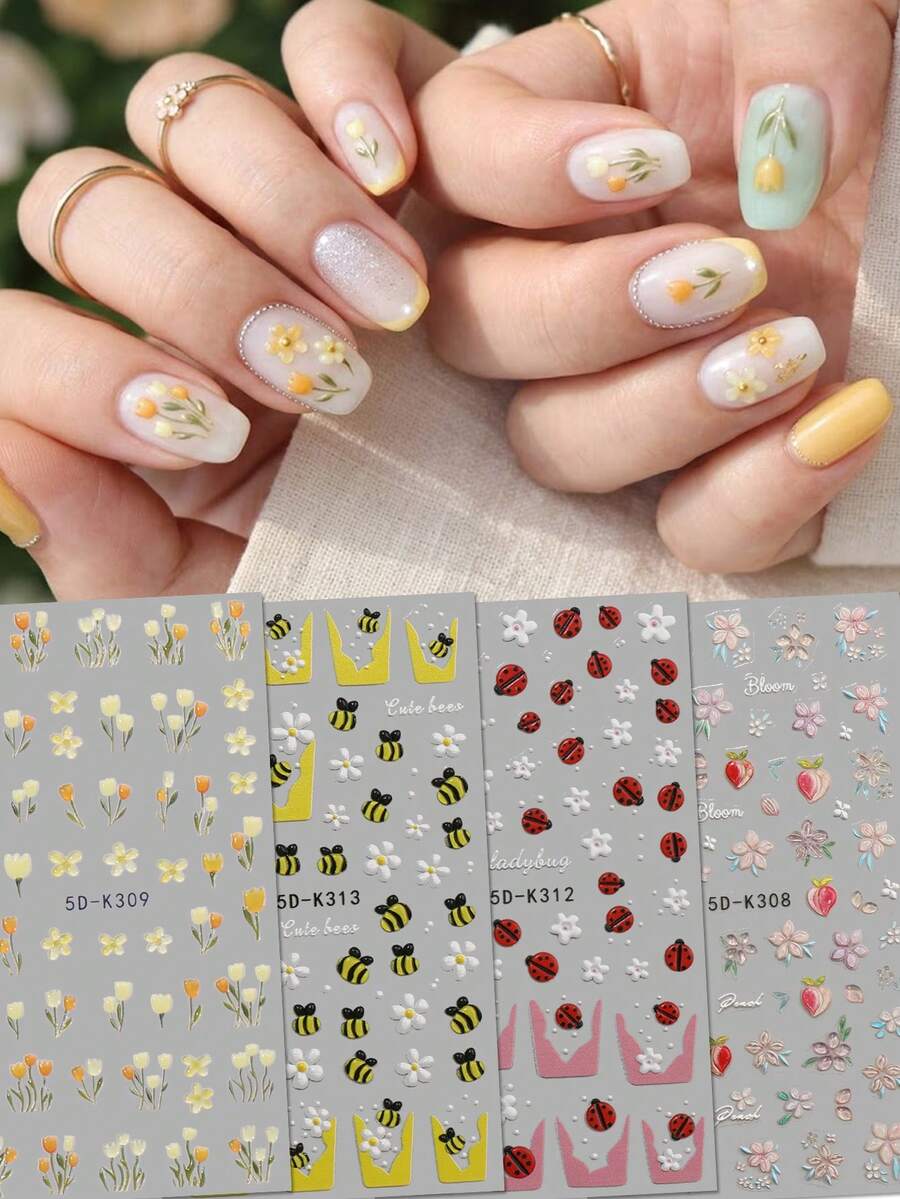 Bộ 4 miếng dán móng tay họa tiết hoa mùa xuân/hè 5D nổi - Hoa tulip và hoa đào - Hình trang trí móng tay 3D ong và bọ rùa dễ thương - Thích hợp cho mùa xuân/hè, dã ngoại ngoài trời, hẹn hò, lễ hội âm nhạc, đám cưới.