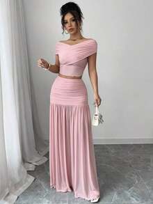 2pcs/Set Women Solid Color Short Sleeve Top And Skirt Set, Minimalist & Fashionable, Suitable For Summer - Pink - View 5