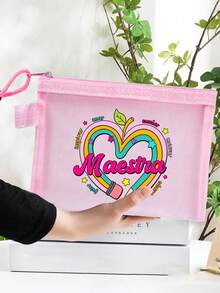 Lehrerin-inspirierter herzförmiger Bleistift-Muster Mesh Make-up Tasche, Kulturtasche, multifunktionale Aufbewahrungstasche, multifunktionale Einkaufstasche, wiederverwendbare Make-up Tasche, Reise-Kosmetiktasche, Kulturtaschentasche. Geeignet für Pendeln, Schule, Urlaub, Strand, Outdoor-Anlässe. Geeignet als Geburtstagsgeschenk, Muttertagsgeschenk, Lehrertag-Geschenk, Abschlussgeschenk, Einschulung-Geschenk - Verschiedenfarbig - Übersicht 5
