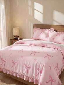 Juego de funda nórdica de 2 o 3 piezas con estampado de lazo rosa y volantes, incluye 1 funda nórdica y 2 fundas de almohada (edredón no incluido), adecuado para decoración de habitación, uso diario, hecho de fibra de poliéster suave, aplicable para dormitorio, dormitorio principal, habitación de invitados, apto para todas las estaciones, decorado con pompones y patrones geométricos, creando una atmósfera cálida en el dormitorio, precio asequible, mostrando lujo, líder en decoración del hogar - Multicolor - Ver 2