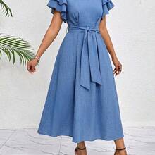 Lady Women's Solid Color Round Neck Ruffle Sleeve Belted Midi Dress Blue Midi Dress Summer Elegant Dress Casual Midi Dress ,Summer Dress,Spring Dresses For Women - Azul - Ver 4