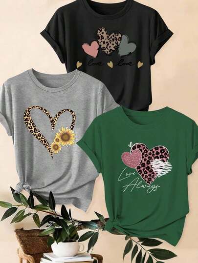 Set de 3 piezas de blusas de verano: suitable for streetwear, daily outings, camping, concerts, hip-hop, rock, and rap events Camiseta casual de talla grande con estampado de leopardo, corazón y eslogan