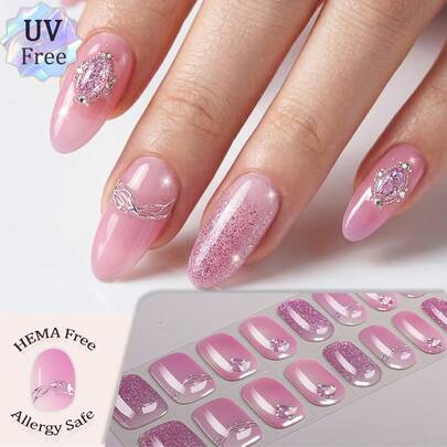 22pcs Peach Gradient Luxury Fully Cured Gel Nail Stickers, 3D Gemstone & Laser Metallic Line Design, Glossy & Durable, Suitable For Gatherings, Daily Wear, Parties, DIY Nail Art
