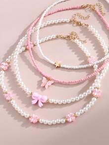 NAIZHU 4 Stücke modischer, süßer Perlenkette-Set mit Schleife, Blume, Herz, geeignet für Mädchen für Alltag, Urlaub, Party - Pink - Übersicht 3