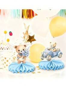 6 piezas Decoraciones de ducha con oso azul – Centros de mesa con temática de osito de peluche en forma de panal; Decoración de fiesta de papel neutra de género adecuada para revelaciones de género, baby showers y fiestas de cumpleaños Decoraciones para fiestas de cumpleaños - Múltiples estilos - Ver 2