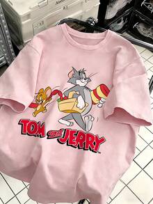 SHEIN X Tom & Jerry 女款鮮豔短袖T恤，野餐互動印花圓領上衣，寬鬆透氣百搭T恤，適合戶外野餐，清新風格粉色休閒款 - 粉色 - 查看 3