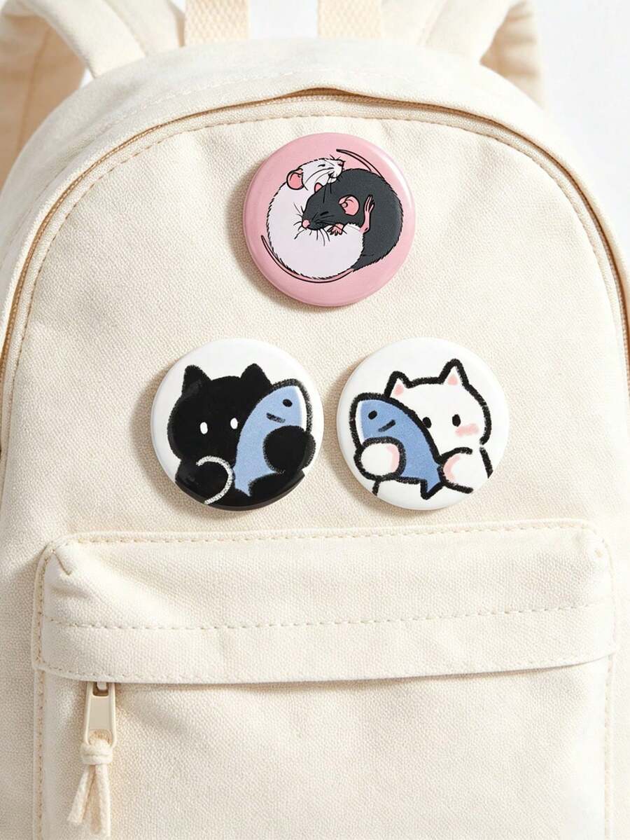 一套卡通猫咪与鱼的铁皮胸针，可爱动物纽扣胸针翻领徽章，珠宝礼物，送给朋友 - 彩色 - 查看 1