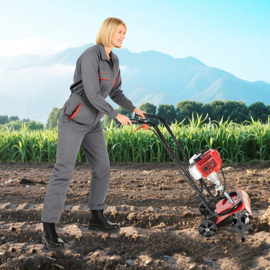 HYYKJ-US 52CC 2-Stroke Air Cooled Mini Gasoline Tiller Hand Pull Start Rotary Cultivator For Orchard Farm Greenhouse Weeding Tool - A - View 1