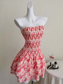 Vestido elegante de estilo de vacaciones con pliegues, sin mangas, tubo, cintura ceñida, hueco, bordado y volantes en el bajo en color azul marino - Rosa - Ver 1