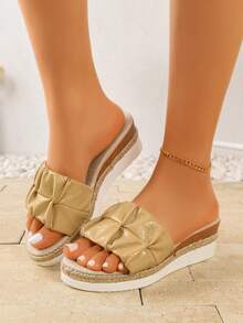 Women's Pleated Platform Wedge Slide Sandals, Open Toe Linen Comfortable Thick Sole Casual Beach Daily Wear Shoes, Solid Color Bohemian Holiday - Khaki - View 4