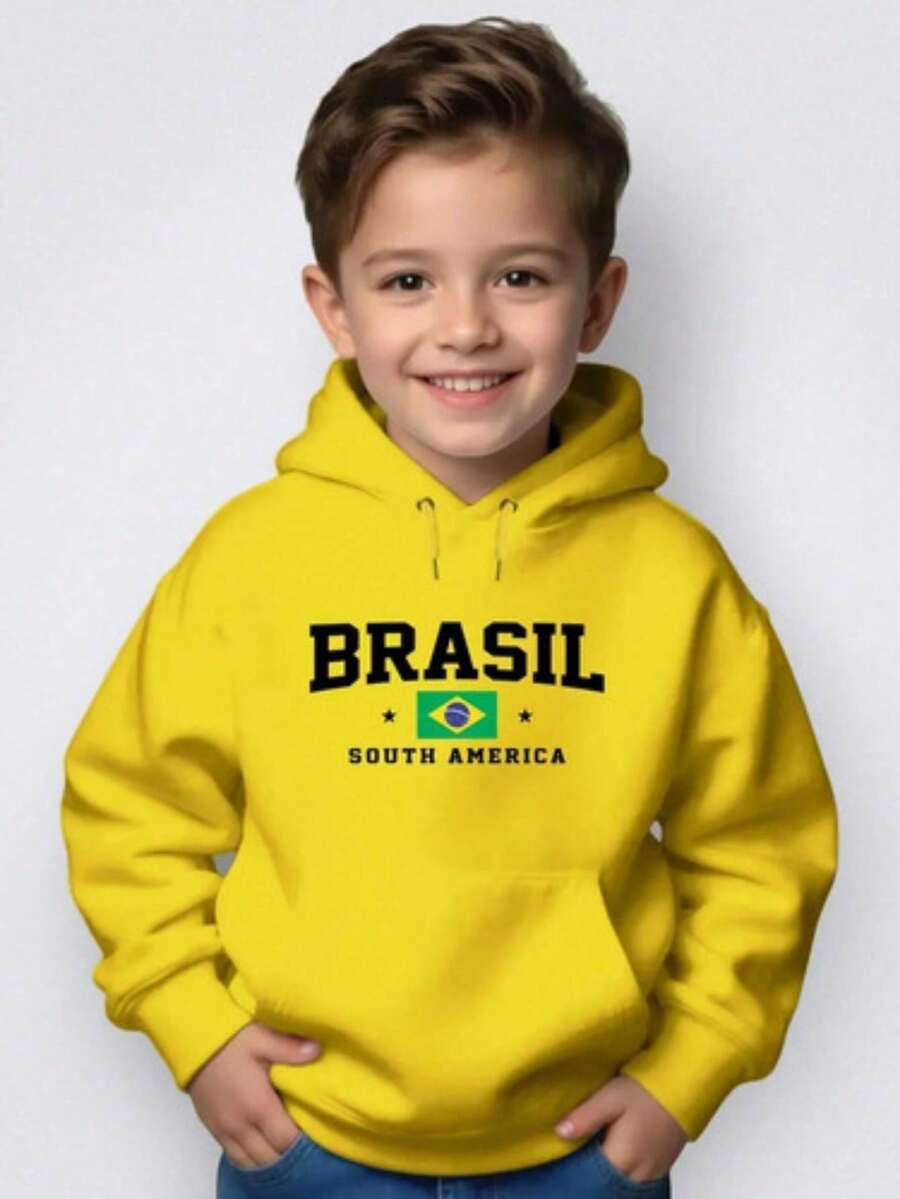 Children's Kangaroo Hoodie Sweatshirt, Winter Style, Brazil, South America, Soccer, World Cup, Boy/Girl - Màu vàng - Xem 1