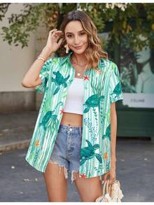 Hawaiian Shirts For Women Tropical Floral Button Down Short Sleeve Blouses Summer Beach Shirt Vacation Tops, 5XL Oversize Soft Cool V Neck - 綠海龜 - 查看 4