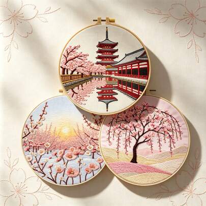 Japanese Cherry Blossom Landscape Embroidery DIY Kit, Spring Floral Scenery Embroidered Wall Hanging, Beginner Embroidery Tool Set