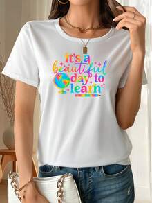 Un día de estudio para las señoras, camiseta de manga corta, estamp con dibujos, ropa de mujer, camiseta de manga corta con cuello redondo - Blanco - Ver 2