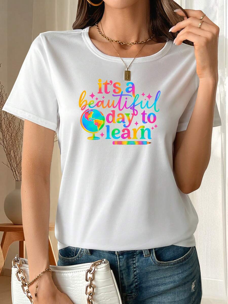 Un día de estudio para las señoras, camiseta de manga corta, estamp con dibujos, ropa de mujer, camiseta de manga corta con cuello redondo