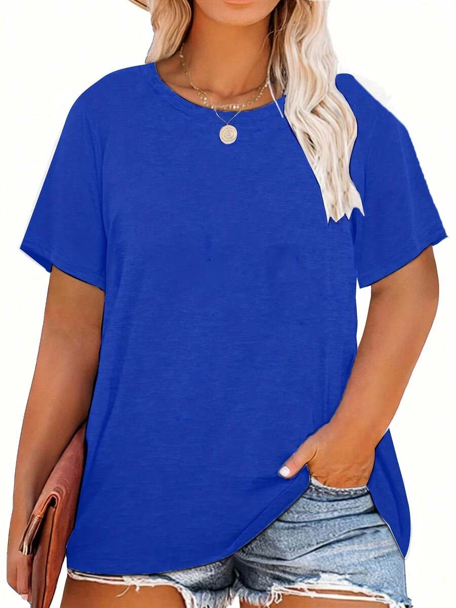 Women's Plus Size Black T-Shirt - Casual Crew Neck, Short Sleeve, Lightweight And Stretchy, Summer Fashion, Everyday Wear T-Shirt | Casual Style | Comfortable Fit, Plus Size Shirts - 藍色 - 查看 1