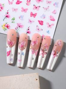 2片/套 粉色盛开花瓣和蝴蝶图案美甲贴纸，夏季春季DIY美甲装饰用品 - 彩色 - 查看 3