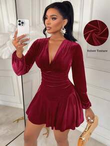 AIJ Vestido corto de manga larga elegante y sexy con cintura ceñida para mujer, primavera - Burdeos - Ver 1