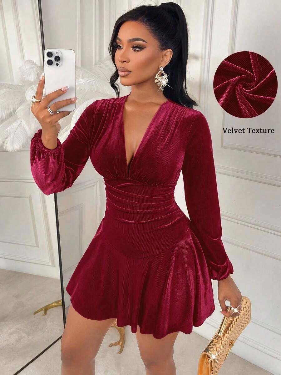 AIJ Vestido corto de manga larga elegante y sexy con cintura ceñida para mujer, primavera - Burdeos - Ver 1
