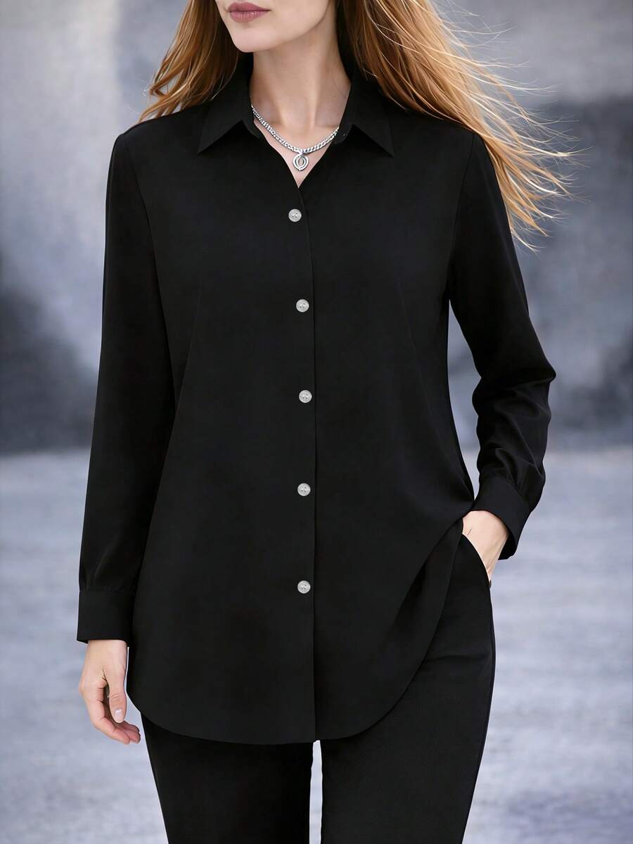 Casual Comfortable Mid-Length Button-Up Shirt, New Arrival, Suitable For All Seasons Black - Black - View 1